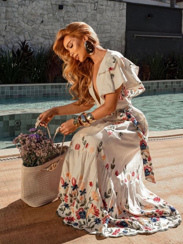 Vestido Bordado Linho Manga - Closet Fashion Truck